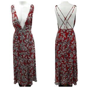 Lulus More Flower To Ya Rust Deep V Neck Open Spaghetti Strap Back Maxi Dress S